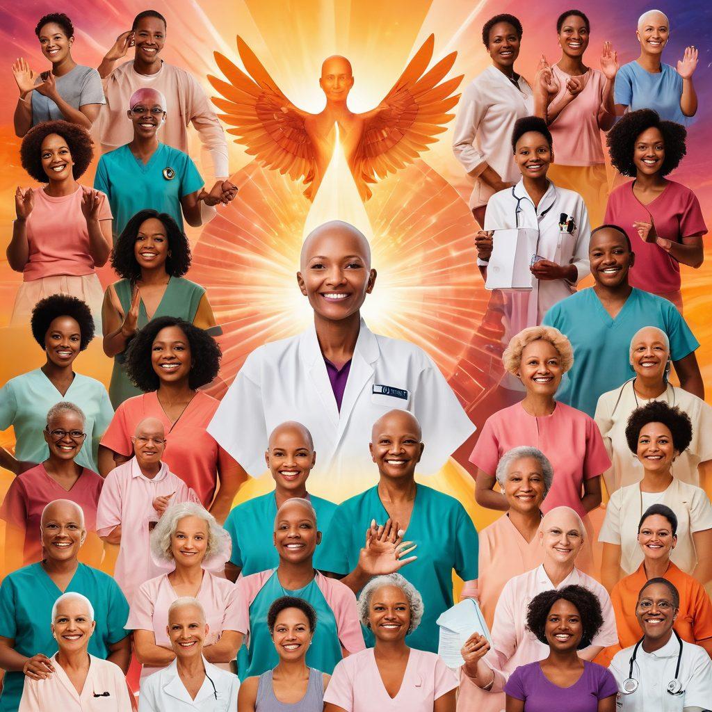A powerful collage showcasing a diverse group of cancer survivors sharing their triumphs, surrounded by breakthrough medical treatments represented as futuristic technology. Include a warm, uplifting color palette to evoke hope and resilience, with soft light illuminating their smiles. Integrate symbols of strength like a phoenix rising and hands uplifting each other in the background. vintage style. vibrant colors.