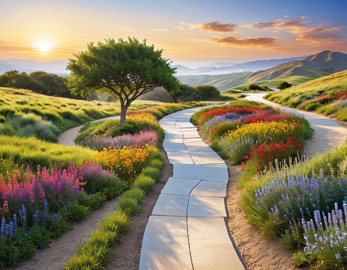 A serene landscape depicting a winding path with diverse individuals offering support, symbolizing community and hope. Incorporate elements of medical resources like brochures and a stethoscope subtly in the background. Bright, uplifting colors to evoke a sense of optimism and resilience. Include a clear sky and gentle sunlight illuminating the scene. super-realistic. vibrant colors.