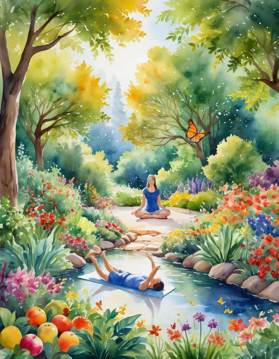 A serene landscape depicting a vibrant garden with diverse flowers symbolizing hope and healing. In the foreground, a patient practicing yoga, surrounded by healthy foods like fruits and vegetables. Soft sunlight filtering through trees, casting a warm glow over the scene. Elements of nature like a gentle stream and butterflies emphasize balance and peace. watercolor style. vibrant colors.
